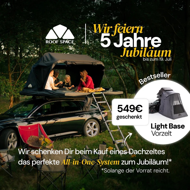 Roof Space 2 Dachzelt inkl. kostenloser Light Base (Vorzelt) | Jubiläums-Bundle für 2–3 Personen